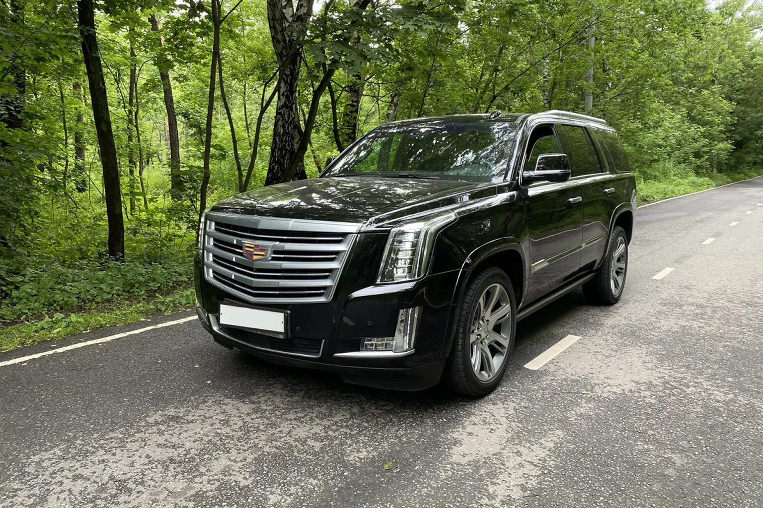 Luxury black Cadillac Escalade SUV on a scenic wooded road.