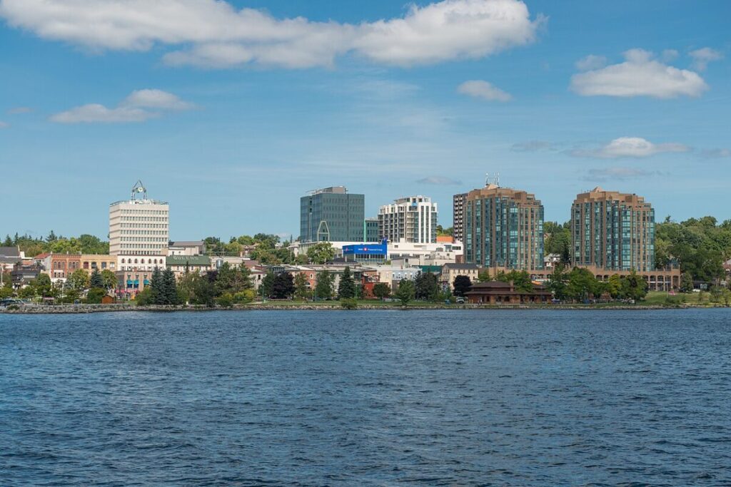 Barrie skyline with waterfront and modern buildings on a clear day.