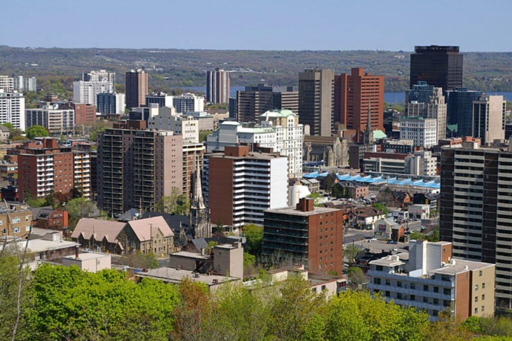 Panoramic view of Hamilton’s downtown with high-rise buildings.