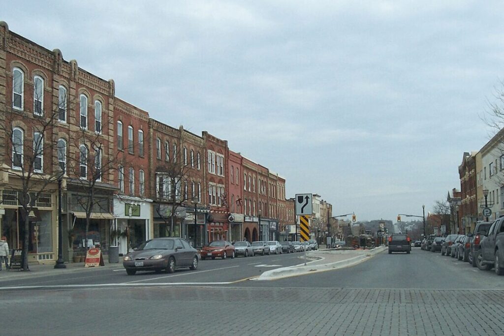 Long stretch of preserved Victorian-era commercial buildings in downtown Orangeville.