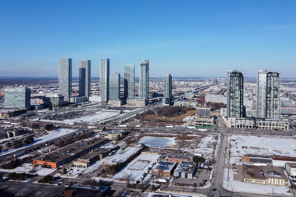 Winter aerial view of Vaughan’s high-rise buildings and urban sprawl.